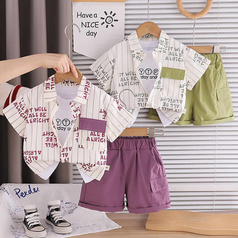 Boys' Outfit: Vertical Stripe Letter Print Short Sleeve Set, New Baby Summer Clothes, Lightweight Children's Shirt Three-Piece Trendy Set