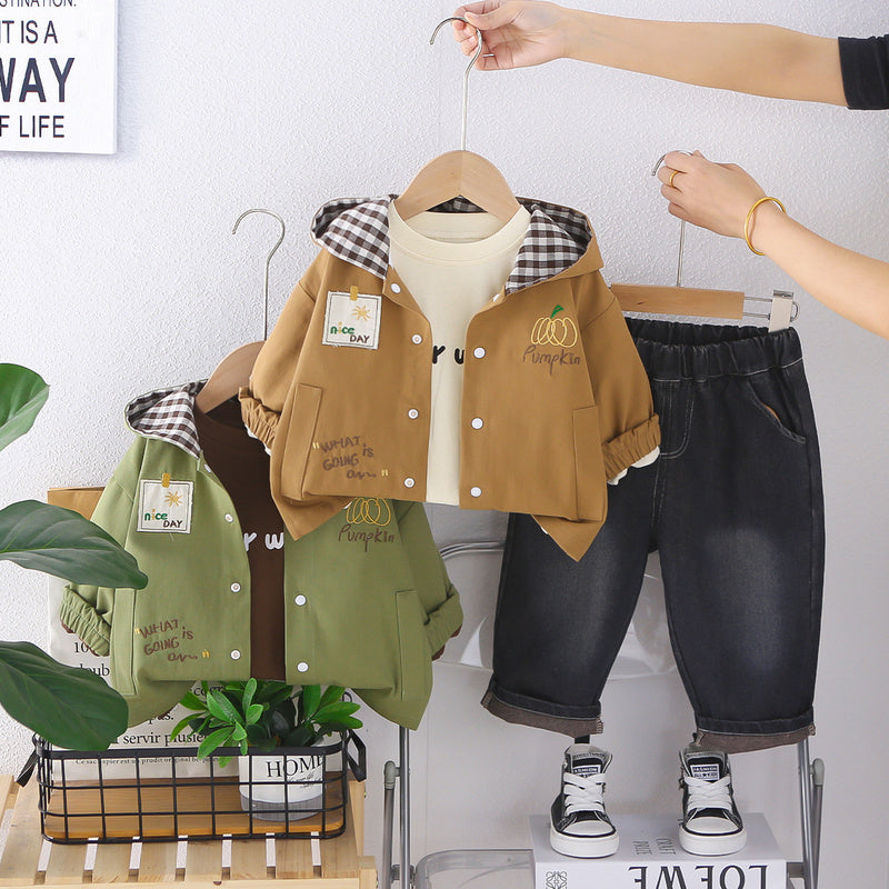 Boys' Outfit 2026 New Fashionable Children's Spring and Autumn Stylish Casual Plaid Hooded Three-Piece Set