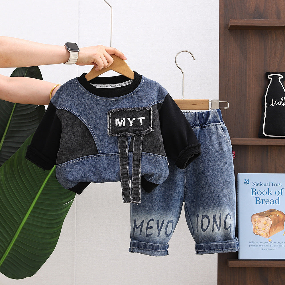 Boys' Outfit 2026 New Spring Autumn Clothes for Infants and Children, Denim Patchwork Round Neck Shirt Two-Piece Trendy Set