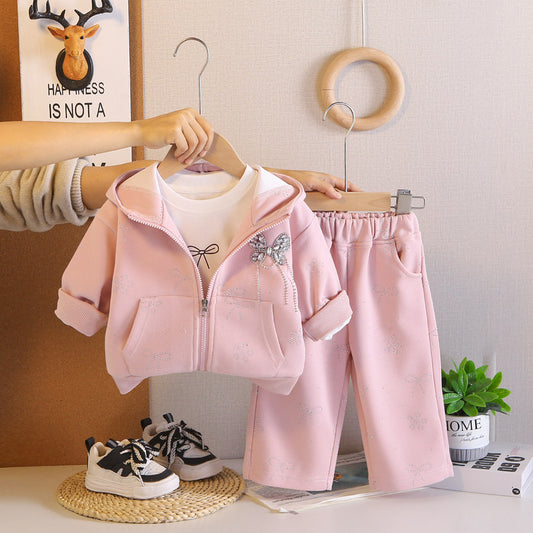 Outfit 2026 New Style Infant Girls' Spring and Autumn Fashionable Long-Sleeve Three-Piece Set with Rhinestones
