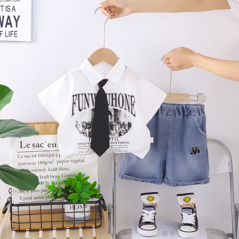 Boys' Outfit Set with Tie and Short-Sleeve Shirt 2026 New Stylish Children's Clothing for 3-Year-Old Boys in Summer