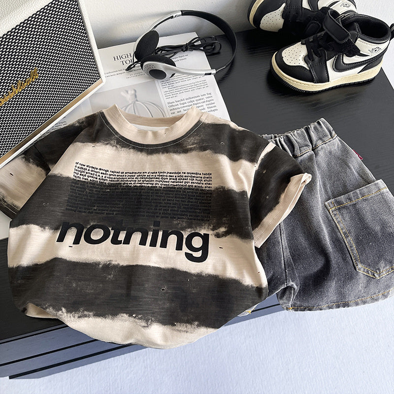 Boys' wide-striped short-sleeve set with small letters, 2026 new model, baby clothing, infant children's wear, summer thin trendy clothes