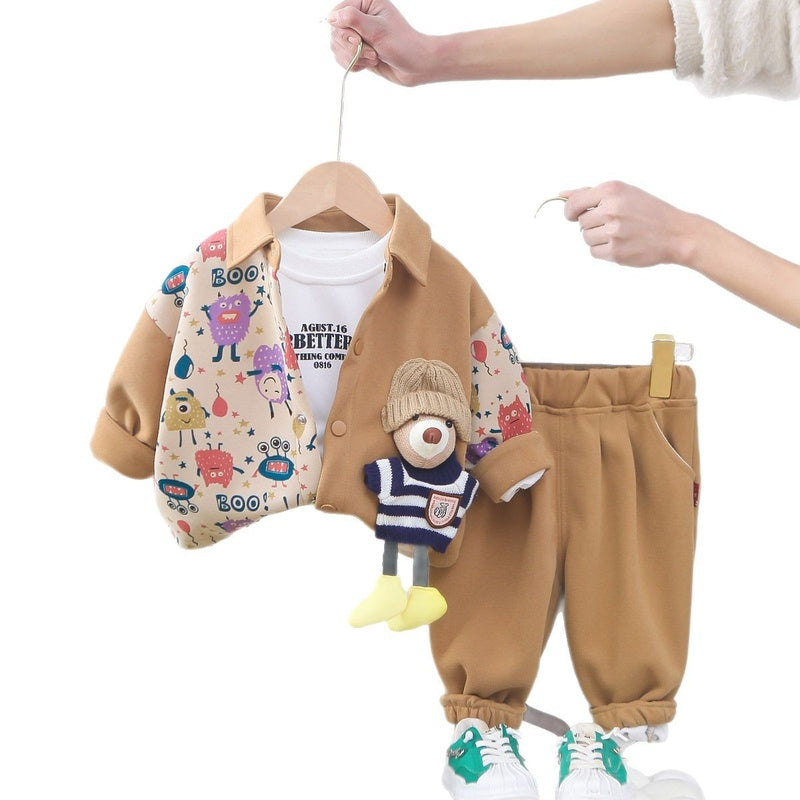 Children's Clothing Boys Spring and Autumn 2025 New Fashionable Baby Patchwork 3D Bear Three-Piece Set Dropshipping