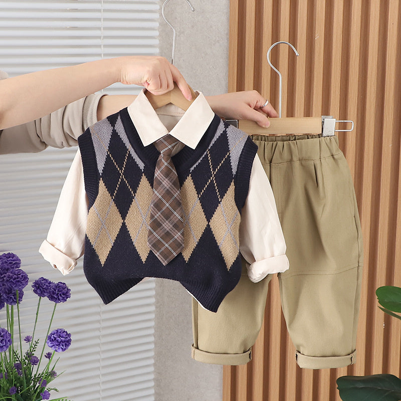 Boys' Suit Spring 2024 New Stylish Baby Long Sleeve Diamond Pattern Tie Sweater Vest Three-Piece Set Toddler Trendy