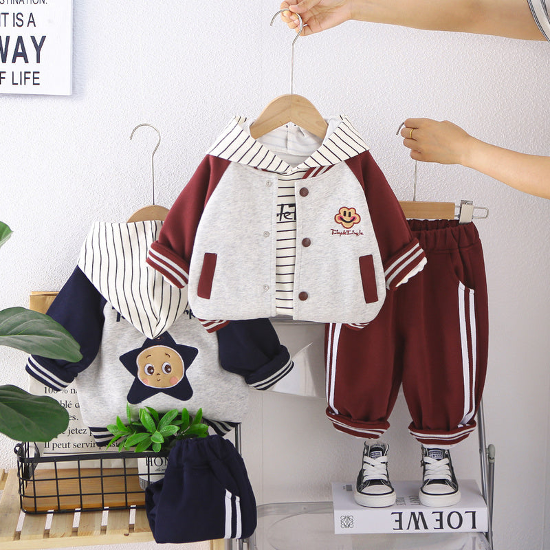 Boys' Suit 2026 New Spring and Autumn Fashionable Children's Cartoon Baseball Jacket Three-Piece Set Trendy