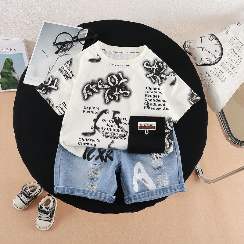 Boys' Outfit 2026 New Style Children's Summer Thin Short-Sleeve Two-Piece Set with Full Letter Print, Trendy and Cool
