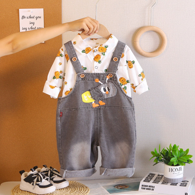 Boys' Cartoon Outfit 2026 New Fashionable Baby Long-Sleeve Denim Overalls Spring and Autumn Two-Piece Set