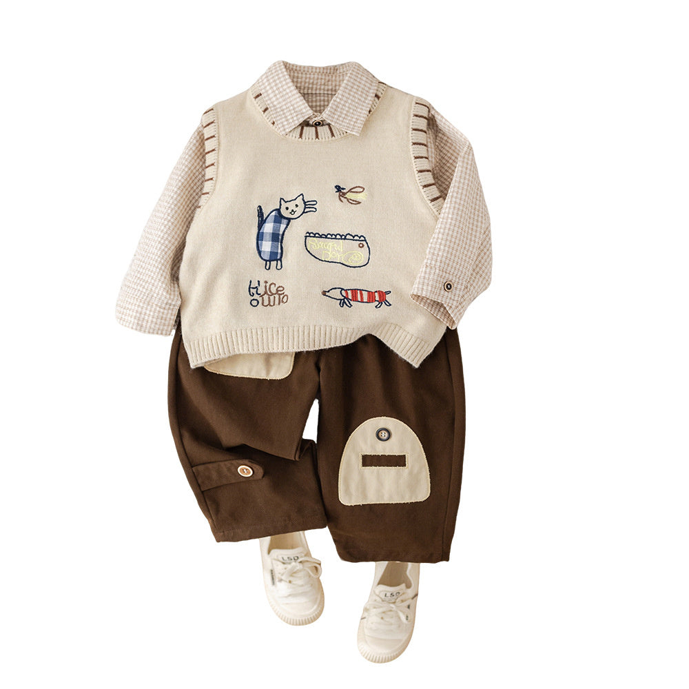 Spring and Autumn Outfit 2026 New Style Toddler Sweater Children's Boys' Baby Cat Vest Three-Piece Trendy Set