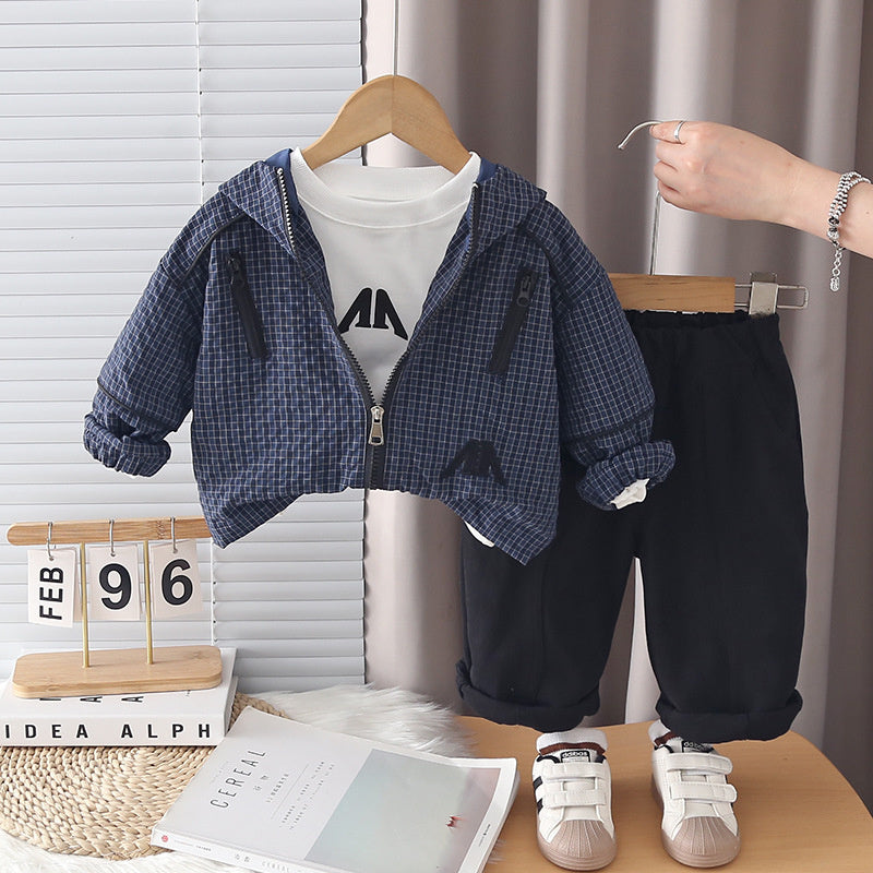 Boys' Spring and Outfit 2026 New Fashionable Children's Hooded Plaid Three-Piece Set Baby Autumn Casual Jacket