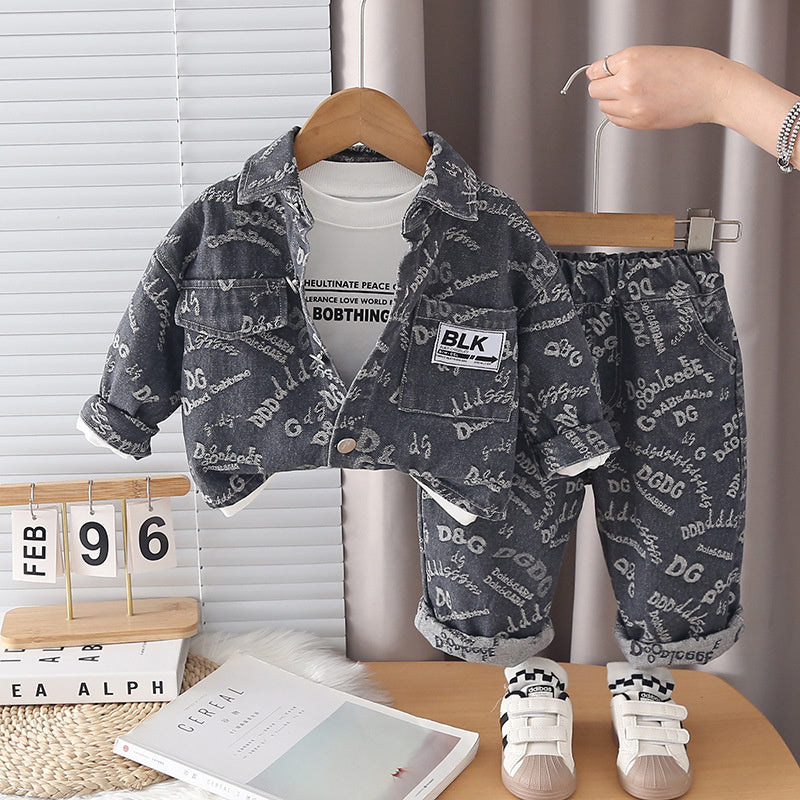 Boys' Spring and Outfit 2026 New Fashionable Children's Letter Print Denim Three-Piece Set Baby Autumn Jacket Trendy