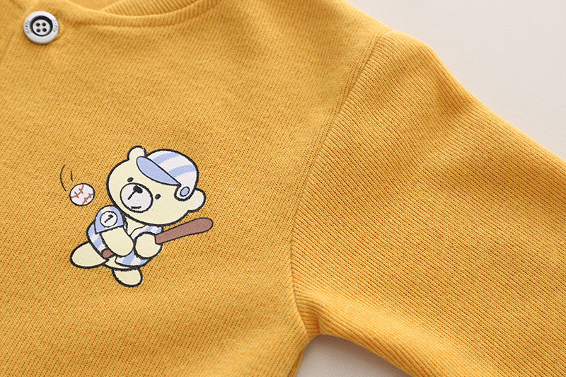 Autumn Children's New Three-Piece Comfortable Cardigan Cartoon Bear Print Long Sleeve Jacket Boys' Set Manufacturer Wholesale