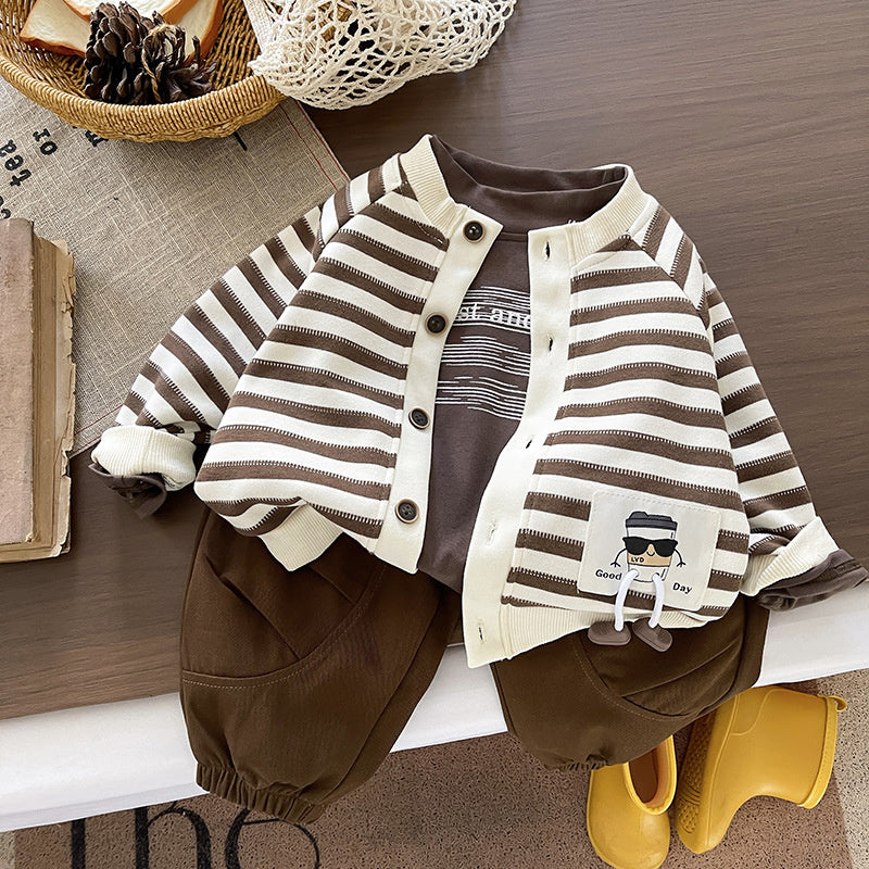 Boys' Outfit Stylish One-Year-Old Baby Spring and Autumn Striped Cardigan Three-Piece Set Infant Toddler Clothing Trendy