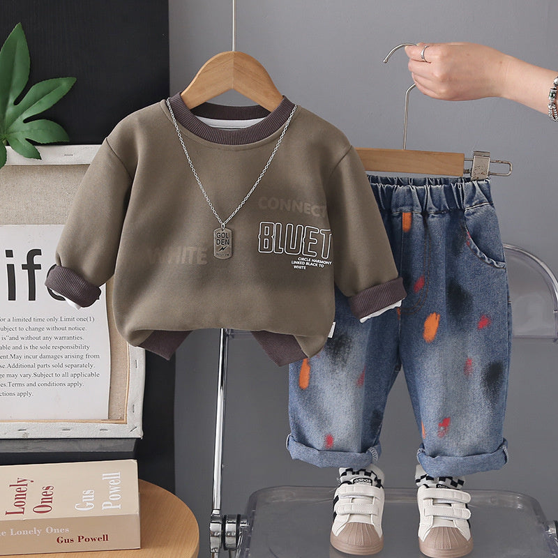 Boys' Spring and 2026 New Korean Version English Sweatshirt Two-Piece Set for Children, Baby Autumn Casual Long Sleeve Trendy Outfit