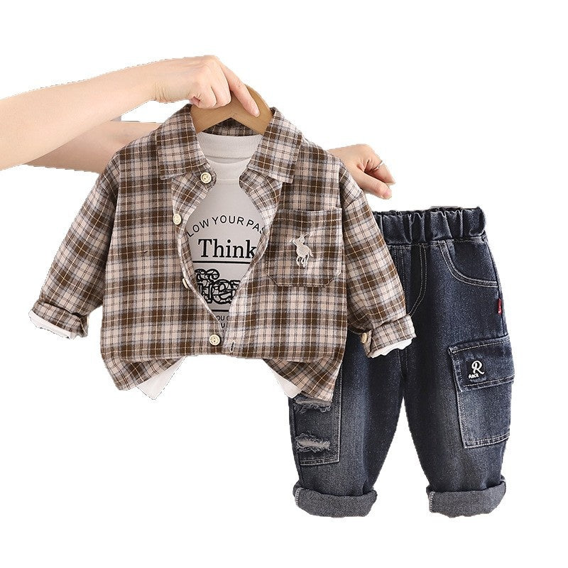 Children's clothing boys' long-sleeve suit new style baby toddler plaid shirt three-piece set ages 1-3-5 years old, stylish for spring and autumn