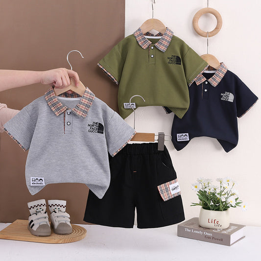 Boys' Outfit 2026 New Children's Plaid Collar Short Sleeve Summer Clothes Baby Embroidered Casual Two-Piece Set Trendy