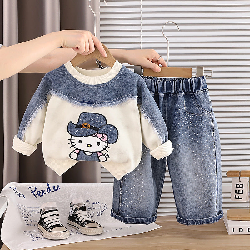 Girls' Outfit Baby 2026 New Fashionable Infant Children's Spring and Autumn Long-Sleeve Cartoon Sweatshirt Two-Piece Set Trendy