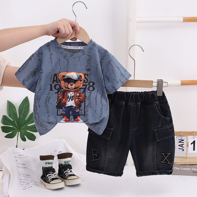 Boys' Summer Short-Sleeve Outfit 2026 New Fashionable Children's Stylish Baby Round-Neck Three-Dimensional Bear Head Two-Piece Set Trendy