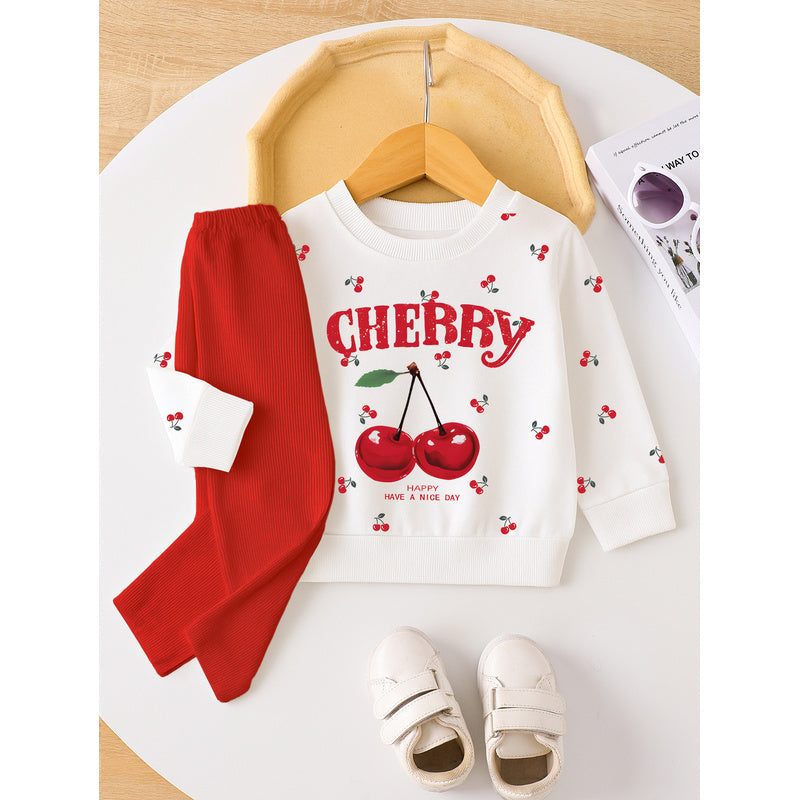Ins Baby Toddler Girl Spring Autumn Pullover Cherry Letter Print Sleeve Top Long Pants Casual Set