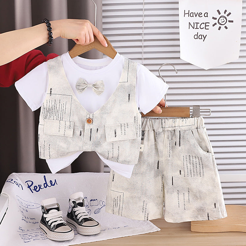 Boys' Outfit 2026 New Short-Sleeve Children's Clothing Baby Summer Bow Tie Vest Fake Three-Piece Trendy Set