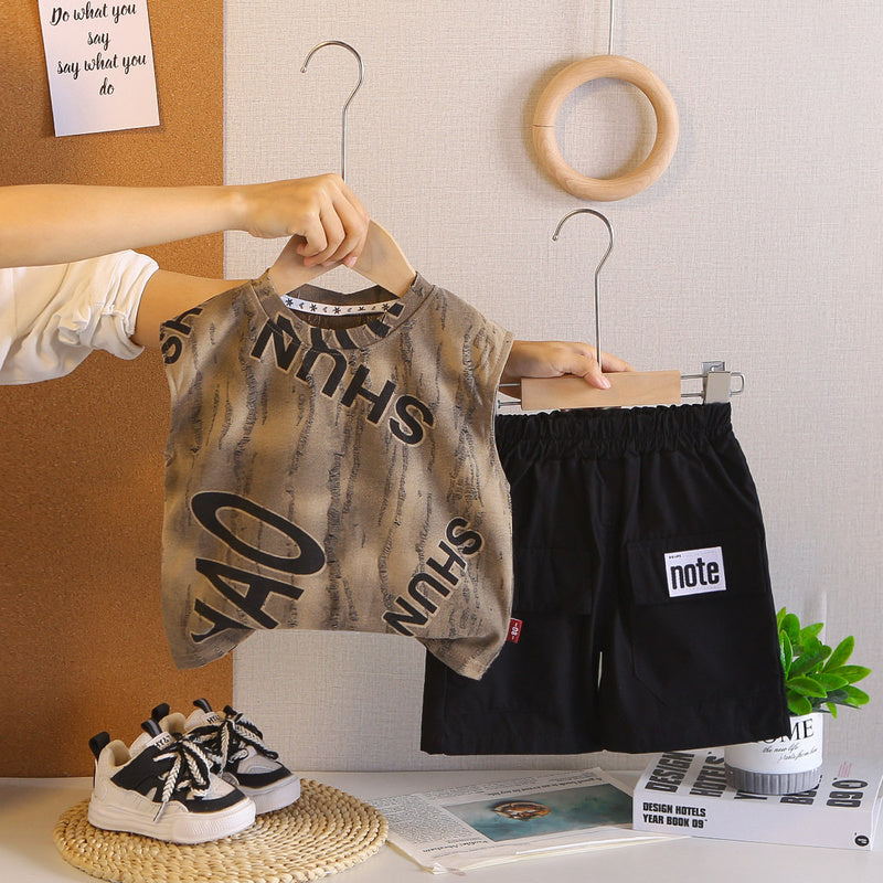 Boys' Outfit Children's New Style Baby Boy Summer Letter Print Sleeveless Two-Piece Set Trendy for 1-4 Years Old