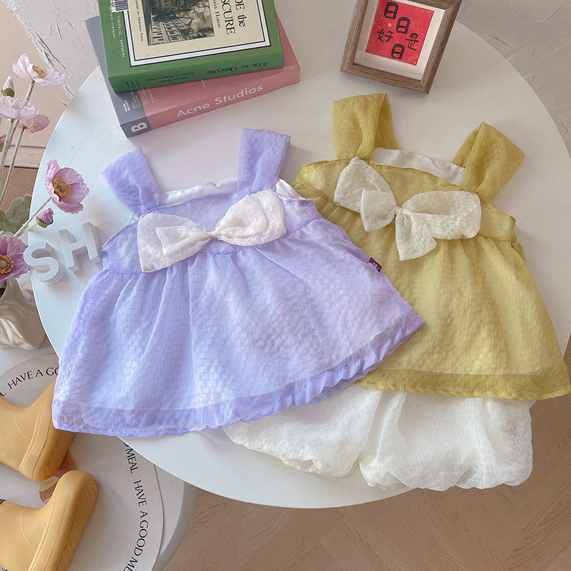 2026 Girls' Strap Dress with Big Bow and Tulle Skirt Set, Korean Style Casual Cute Summer Outfit, New Two-Piece Trendy Set