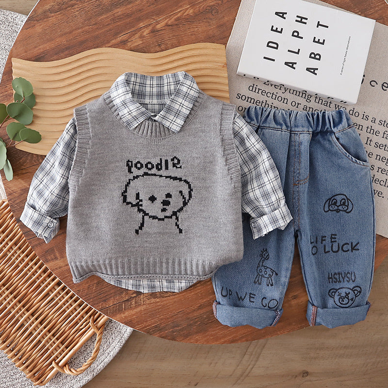 Boys' Outfit 2026 New Style Infant Children's Spring Autumn Puppy Sweater Vest Three-Piece Set Cute and Trendy for Baby Boys
