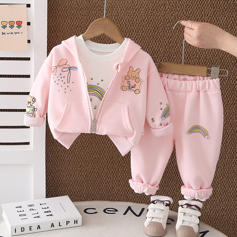 Girls' Outfit 2026 New Fashionable Rainbow Rabbit Hoodie Three-Piece Set Baby Spring Clothes Infant Trendy