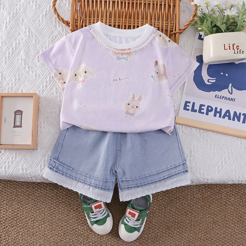 Baby Girl Outfit 2026 New Children's Clothing Thin Full-Print Bunny Short Sleeve Shorts Girls' Summer Wear