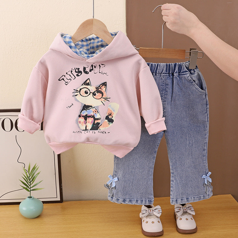 Children's Autumn Outfit 2026 New Spring-Autumn Set: Cat Print Sweatshirt and Jeans, Stylish Two-Piece Set for Girls