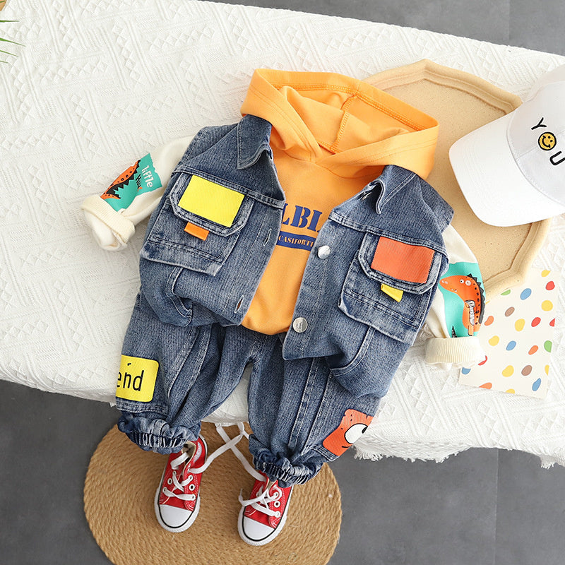 Boys' Clothing Spring and Denim Vest Three-Piece Set Children's Clothes Baby Autumn Outfit 0-1-2 Years Old Trendy