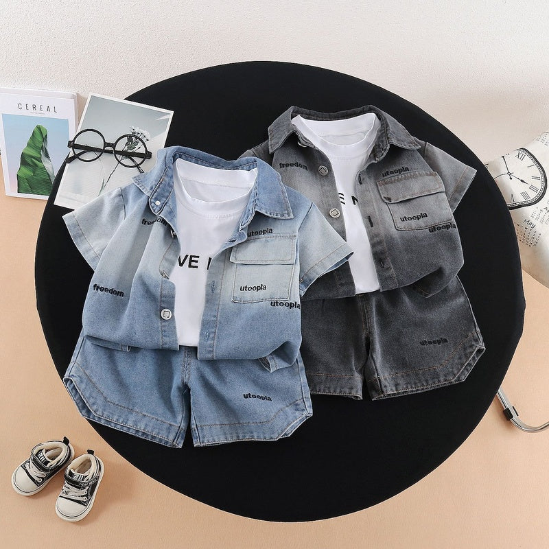Boys Outfit 2026 New Fashionable Trendy Baby Summer Clothes Children's Denim Short Sleeve Three-Piece Set