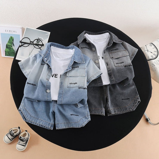 Boys Outfit 2026 New Fashionable Trendy Baby Summer Clothes Children's Denim Short Sleeve Three-Piece Set