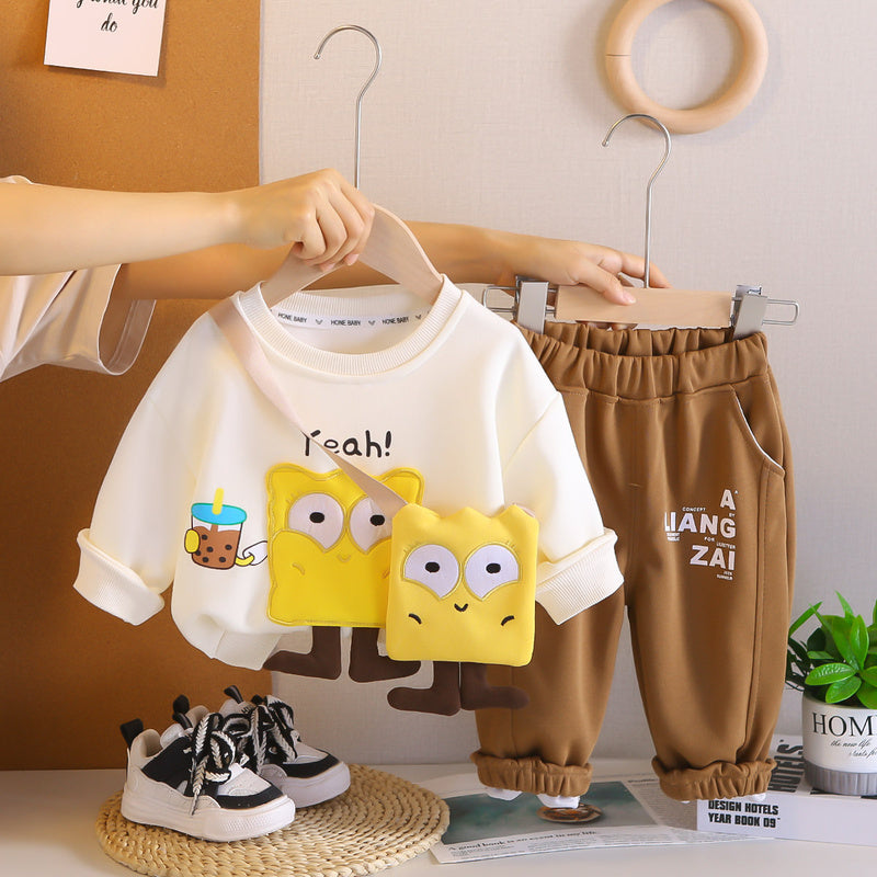 Long Sleeve Baby Children's Clothing Spring Foreign Trade Wholesale 2025 New Cartoon Bag Sweatshirt Boys and Girls Set Autumn Outfit