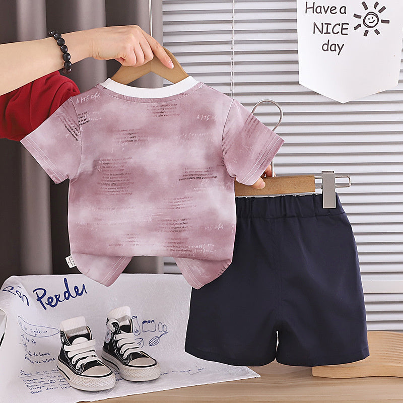 Boys' Summer Outfit 2026 New Fashionable Baby Children's Gradient Letter Print Short Sleeve Two-Piece Stylish Clothes