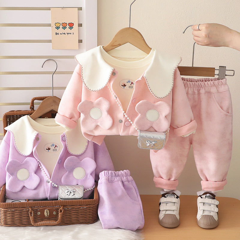 Baby girl autumn outfit set, Korean style fashionable outing clothes, baby floral pocket bag clothing, trendy three-piece set for girls