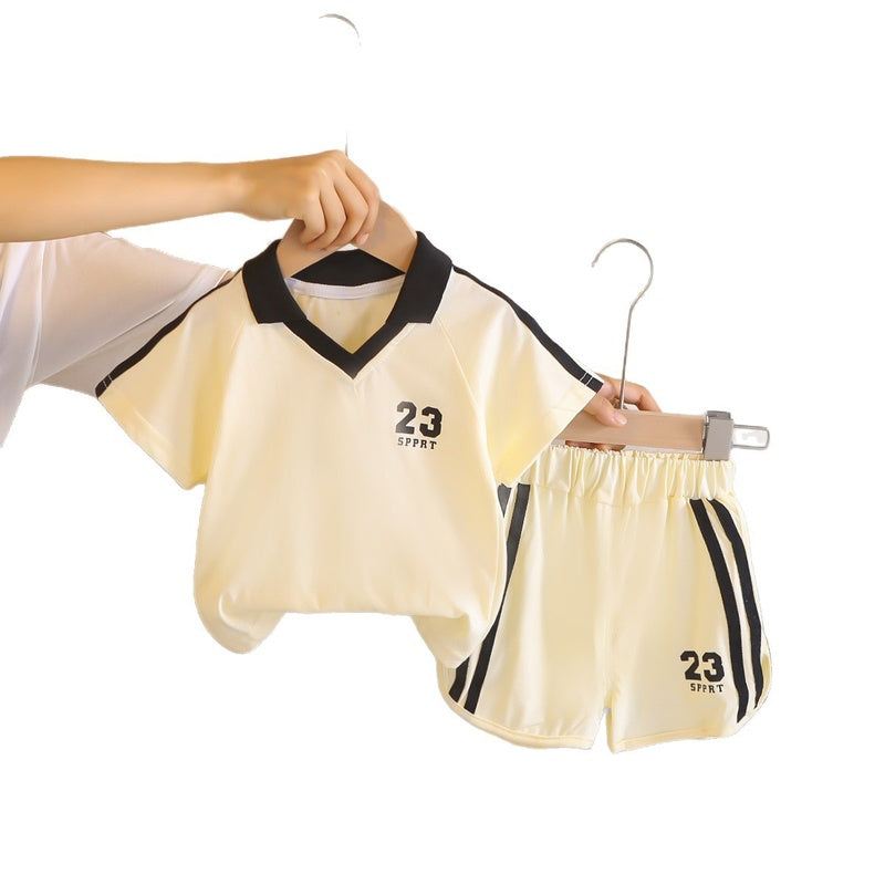 Boys' Summer Outfit 2026 New Korean Baby Suit with Turn-down Collar, College Style Short Sleeve, Stylish Casual Two-piece Set for Young Boys