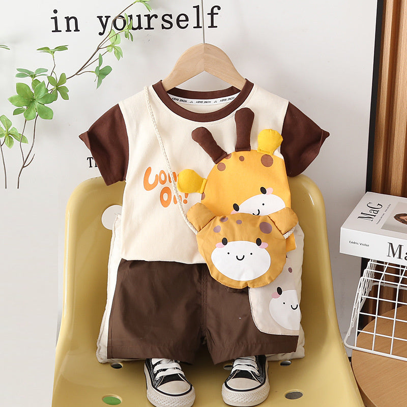 Children's Outfit Set 2026 New Style Boys' Cartoon Bag Short Sleeve Shorts Two-Piece Baby Clothes Summer Trendy