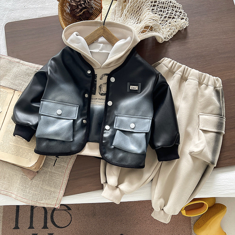 Boys' Outfit 2026 New Fashionable Spring Autumn Clothes for Babies Cool and Stylish Children's Leather Jacket Three-Piece Set