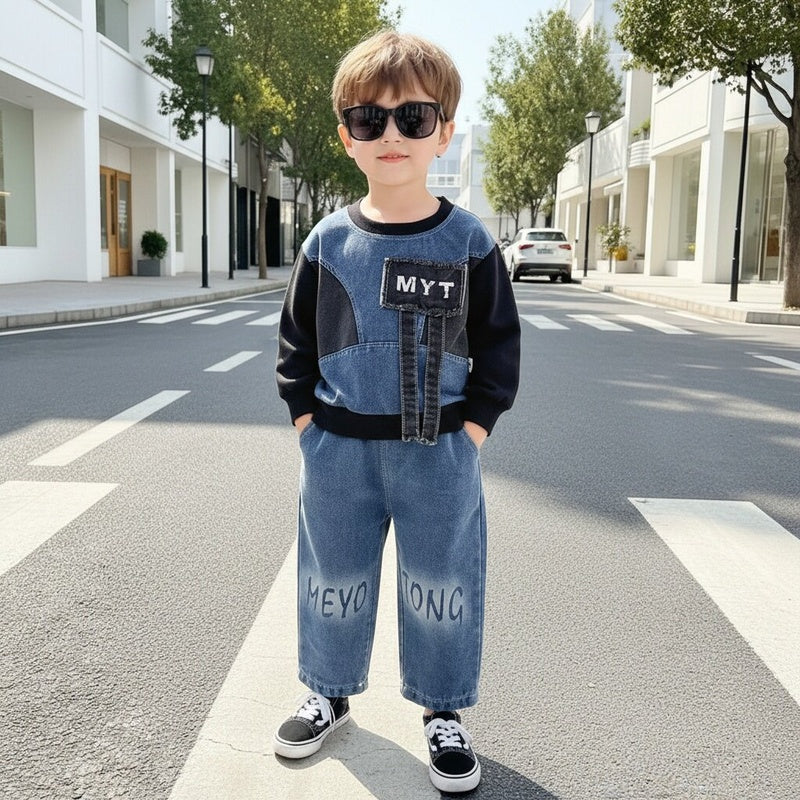 Boys' Outfit 2026 New Spring Autumn Clothes for Infants and Children, Denim Patchwork Round Neck Shirt Two-Piece Trendy Set