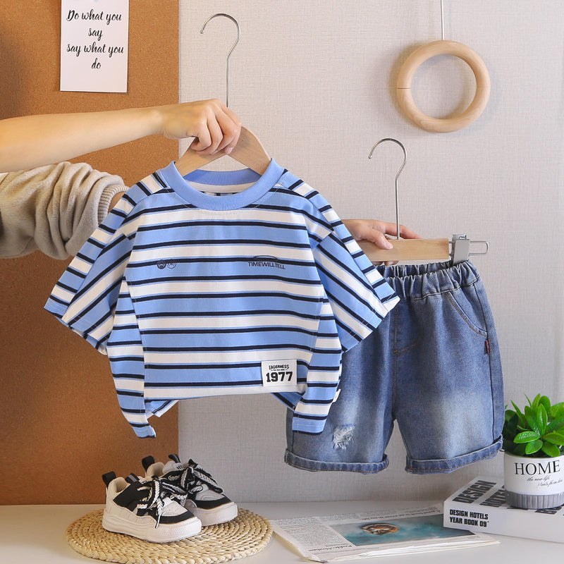 Boys' Summer Outfit 2026 New Fashionable Striped Short-Sleeve Denim Shorts Two-Piece Set for Toddlers