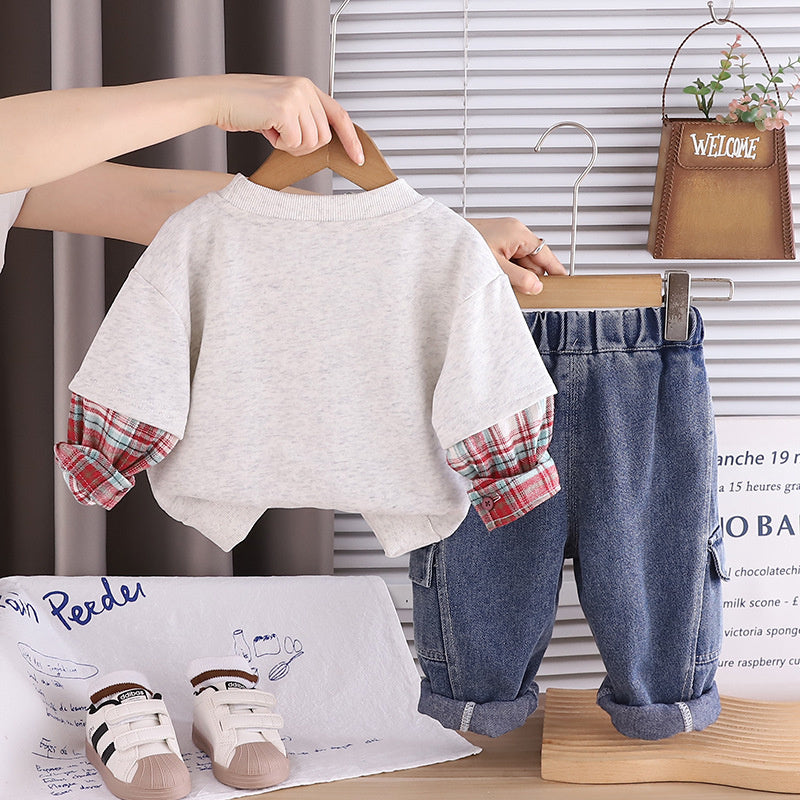 Boys' Spring Collection Striped Patch-Sleeve Letter Sweatshirt 2026 New Model Long-Sleeve Children's Fake Two-Piece Set Trendy