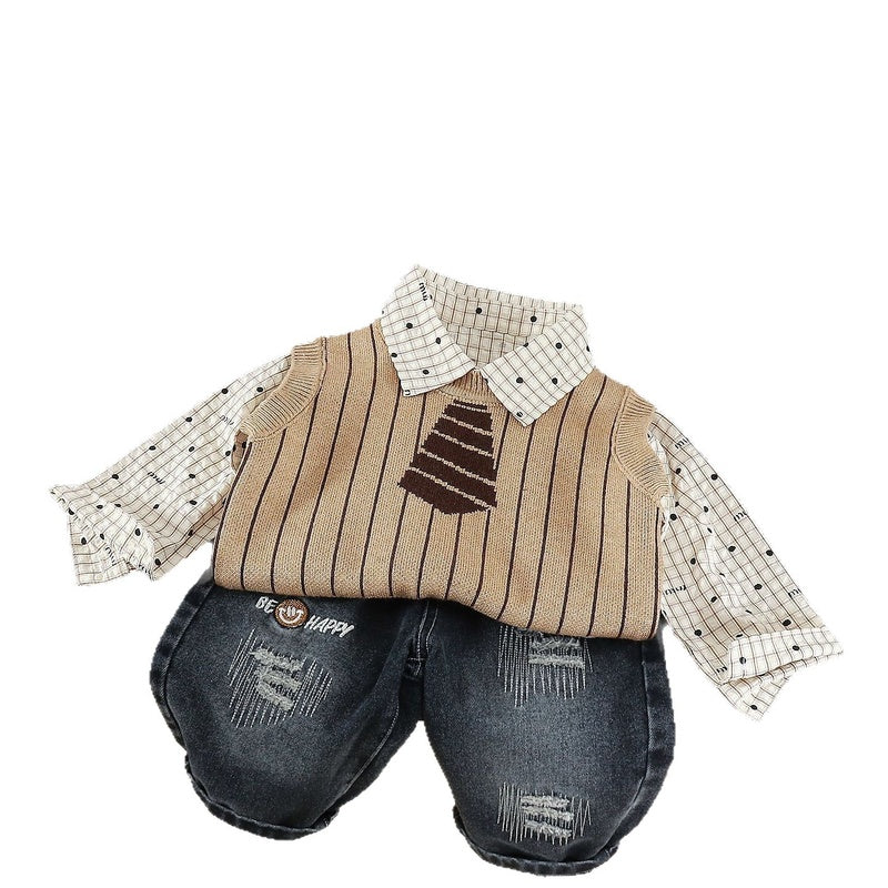 Boys' 2026 New Outfit: Stylish Tie Sweater Three-Piece Set, Baby Clothes for Spring and Autumn