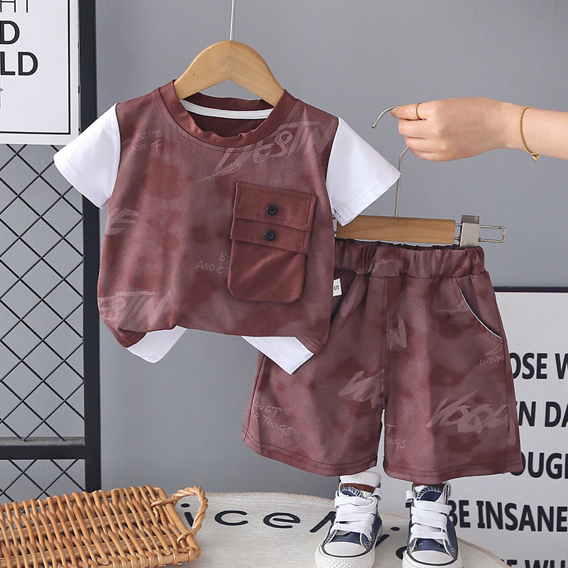 Boys' Summer Outfit 2026 New Fashionable Toddler Stylish Double Pocket Short Sleeve Baby Boy Two-Piece Set Trendy