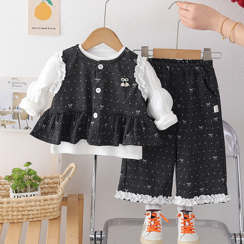 Girls' Outfit Set: Stylish Baby Girl Spring and Autumn Bow Vest Long Sleeve Three-Piece Set Infant Children's Clothing