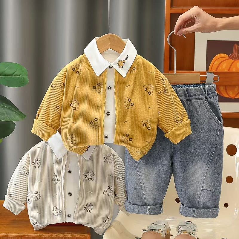 Boys' Outfit 2026 New Trendy Baby Spring and Autumn Stylish Car Jacket Three-Piece Set Infant Children's Clothing