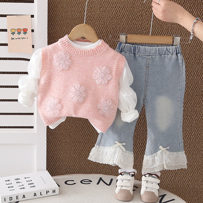 Girls' and Autumn Outfit 2026 New Style Baby Girl Fashionable Sweet Floral Children's Spring Sweater Three-Piece Set Trendy