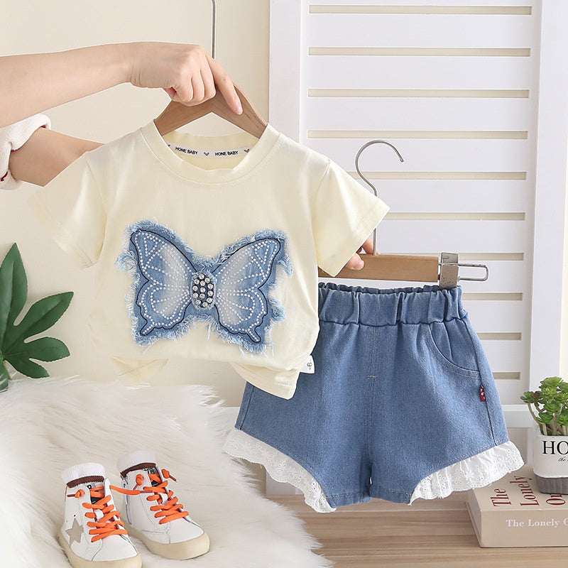 Girls' Outfit 2026 New Fashionable Casual Baby Girl Patch Butterfly Short Sleeve Summer Two-Piece Set