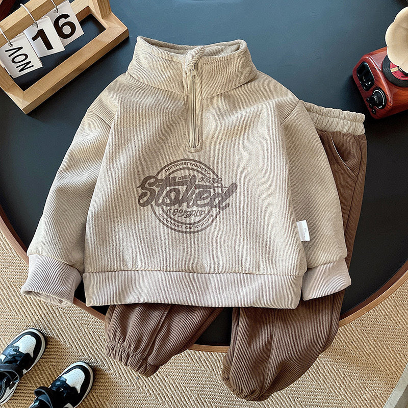 Baby Boy Fleece-Lined Half Turtleneck Zipper Set Toddler Autumn 2 Infant Clothes 3 Children's Clothing 1 to 4 Years Old Boys Winter