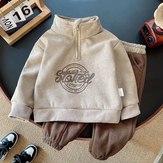 Baby Boy Fleece-Lined Half Turtleneck Zipper Set Toddler Autumn 2 Infant Clothes 3 Children's Clothing 1 to 4 Years Old Boys Winter
