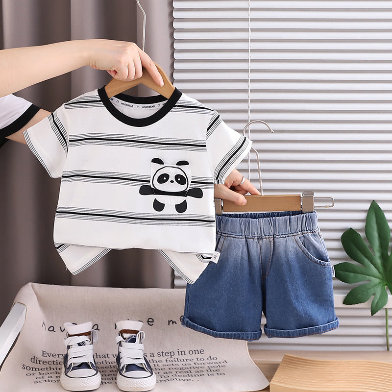 Children's Summer Outfit 2026 New Style Boys' Stylish Cartoon Pocket Short Sleeve Baby Sports Two-Piece Set Wholesale
